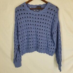 Major Label Women's Blue Medium Crochet Crop Sweater Boho Casual Chic Knitwear